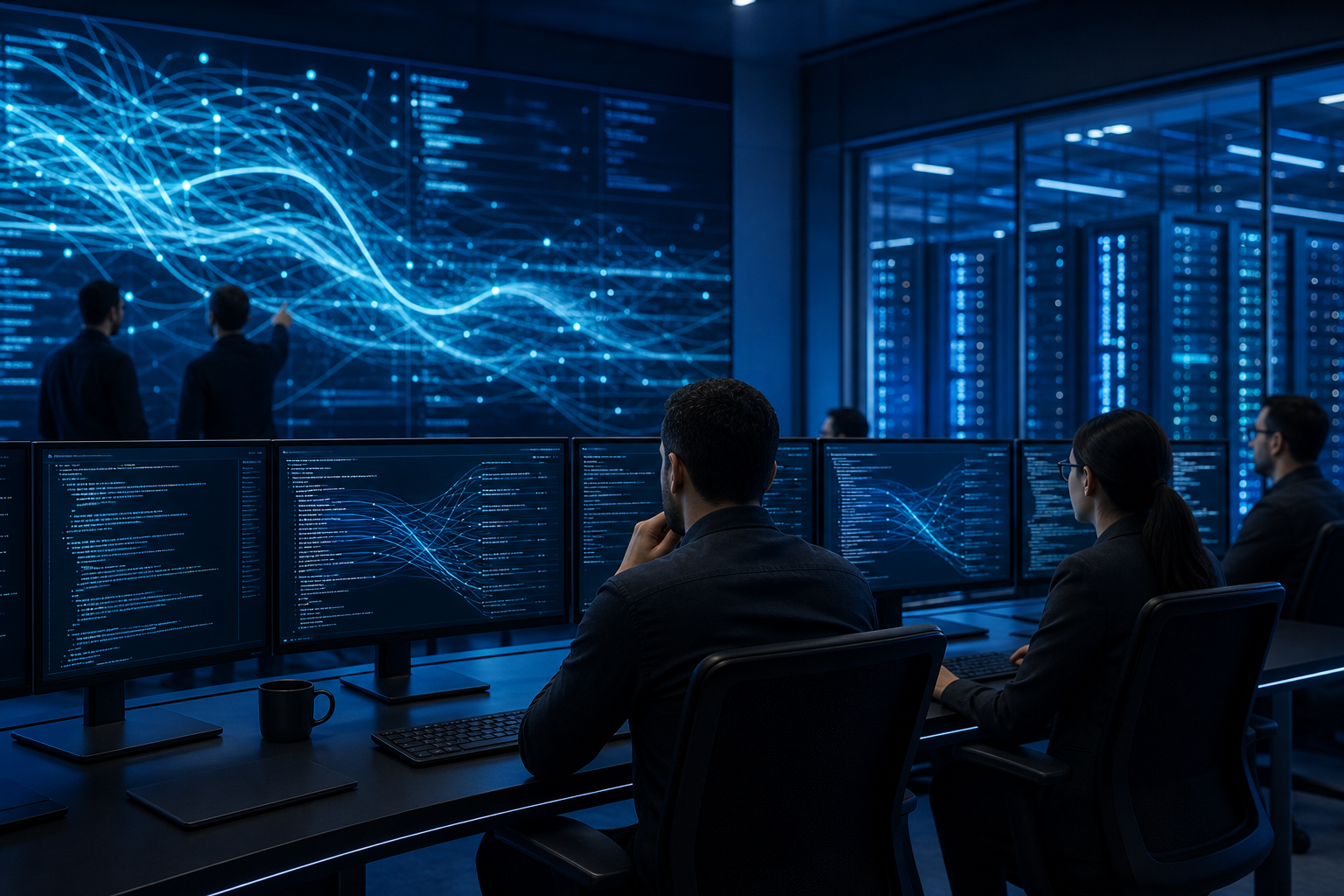 Modern security operations center with analysts monitoring legacy application activity