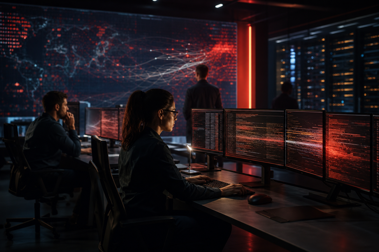 Security analysts investigating suspicious activity in a threat response operations center