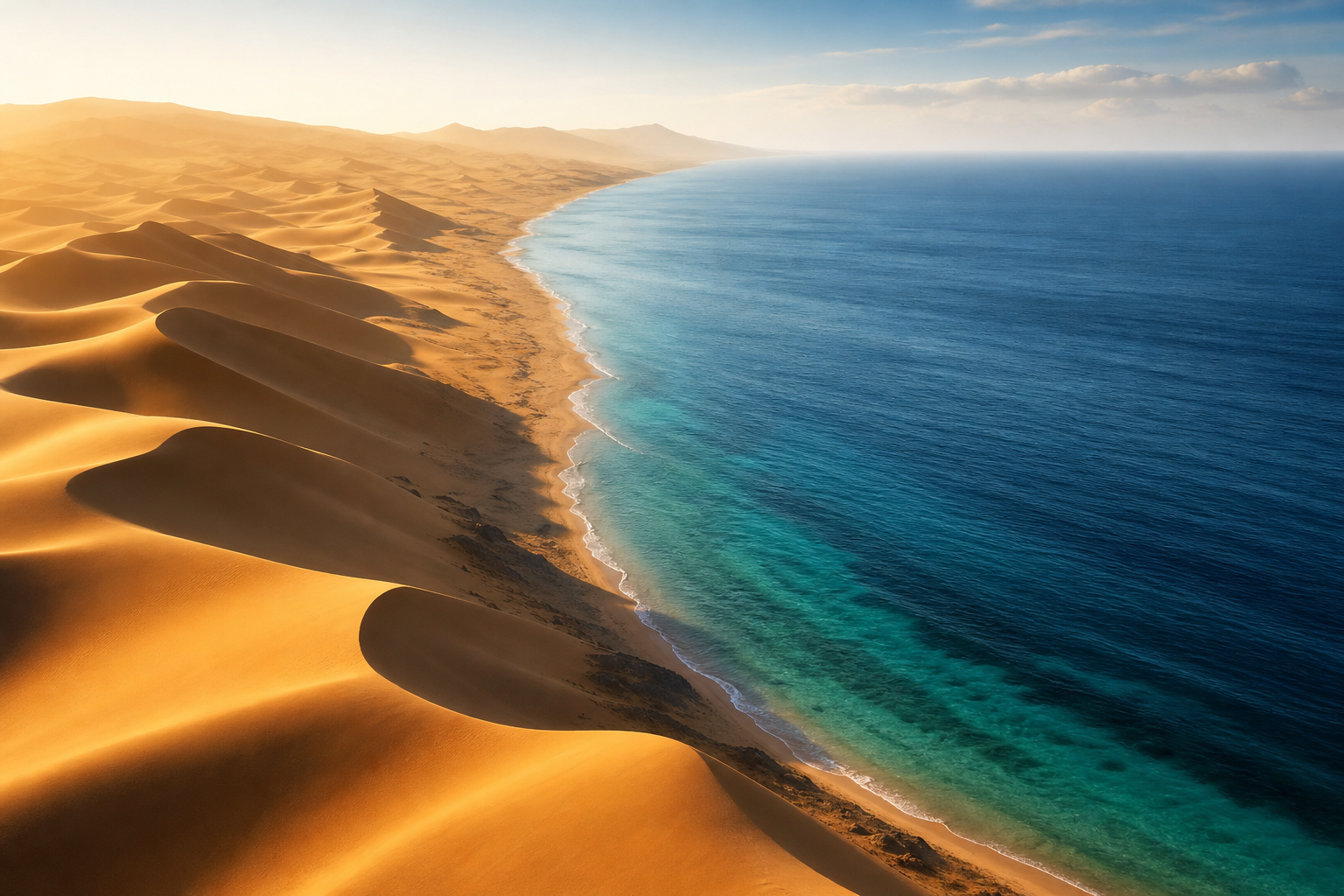 Golden desert dunes meeting a deep blue sea